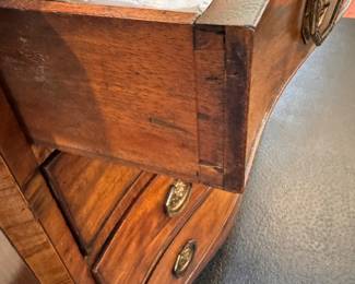 Late 18th century George III  figured mahogany serpentine chest 33"h x 38.5"x 21"d veneer loss 
