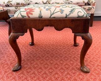 Pr. antique Queen Anne-style stools with crewel upholstery 18"h x 21