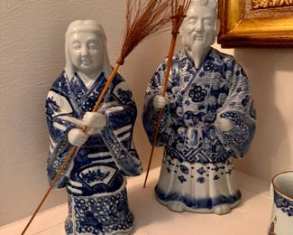 Japanese Meiji Period Blue and White Arita Porcelain sculptures of Jo and Ub