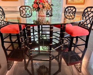 Kindel  faux bamboo black lacquered wood and glass top dining set.  Table 30"h x 70" diameter
