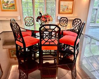 Kindel  faux bamboo black lacquered wood and glass top dining set.  Table 30"h x 70" diameter
