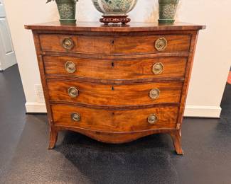 Late 18th century George III  figured mahogany serpentine chest 33"h x 38.5"x 21"d veneer loss 