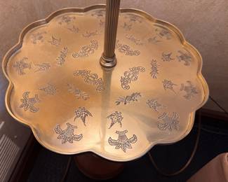 Brass lamp table with etched flowers, birds and bats design