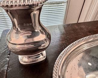 Sterling salt & pepper set on sterling tray