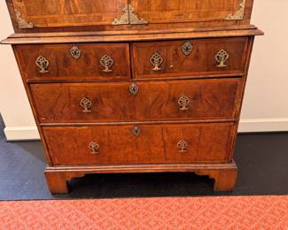 Antique 18th c and later English walnut double dome cabinet on chest  77"h x 40"w x 22"d