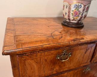 18th c.  George II chest figured walnut veneers and batwing brasses 41"h x 37"w x 19"d