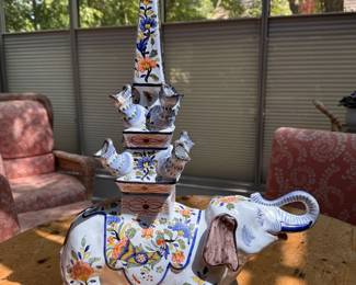 Tiffany French fience elephant tulipiere - repaired with chip - 23"h x 15"w