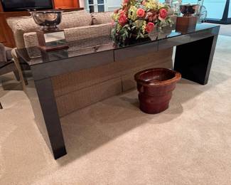Modern black mirrored console table   30"h x 84"long x 20"d 