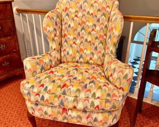 Queen Anne-style wingback chair with flame stitch upholstery 41"h x 34"w x 34"d  seat height 19"