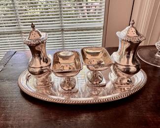 Sterling salt & pepper set on sterling tray