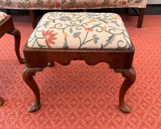 Pr. antique Queen Anne-style stools with crewel upholstery 18"h x 21"w x 18"d 
