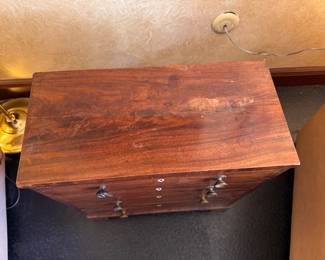 Antique miniature chest with inlaid escutcheons - missing knobs in drawers - 20"h x 18.5"w x 9"d 