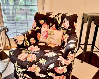 Pr. custom floral swivel chairs  33"h x 30.5"w x 31"d
