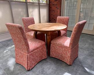Pine dining table with 4 custom skirted Parsons chairs 