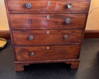 Antique miniature chest with inlaid escutcheons - missing knobs in drawers - 20"h x 18.5"w x 9"d 