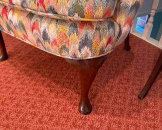 Queen Anne-style wingback chair with flame stitch upholstery 41"h x 34"w x 34"d  seat height 19"