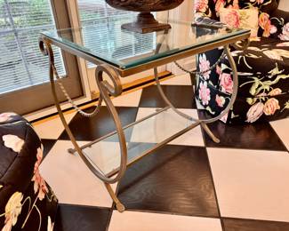 Lyre shaped iron & glass side table    24.5"h x 27"w x 24"d  