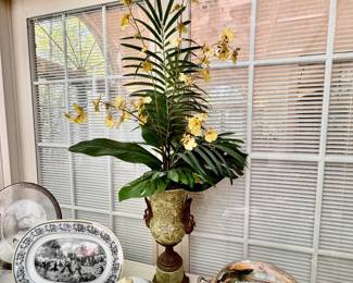Floral arrangement in green metal mounted two handled vase 33"h x 16"d