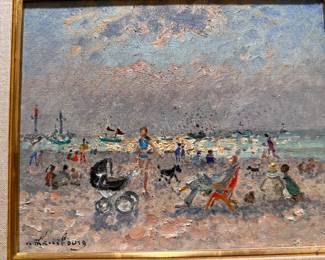 Andre Hambourg (1909-1999) oil on canvas figures on beach  canvas size 8.5"h x 10.5"w
