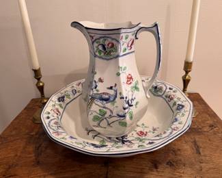 Octagonal wash bowl and pitcher set, hand-painted bird and floral motifs, Corona Ware in the "Old Woodstock" pattern, by S. Hancock & Sons, bird of paradise, florals, with navy blue borders