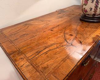 18th c.  George II chest figured walnut veneers and batwing brasses 41"h x 37"w x 19"d