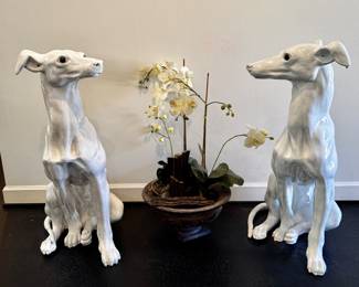 Pr. life-size Italian white glazed terra cotta  greyhounds  35"h x 24" x 18"d  one tail needs repair