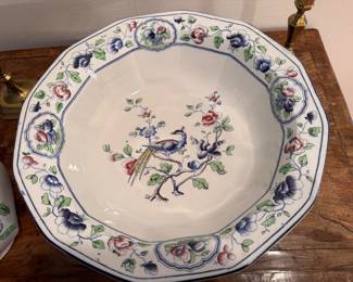 Octagonal wash bowl and pitcher set, hand-painted bird and floral motifs, Corona Ware in the "Old Woodstock" pattern, by S. Hancock & Sons, bird of paradise, florals, with navy blue borders