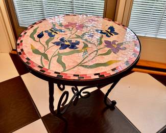Floral mosaic & iron table 20"h x 20.5" diameter 