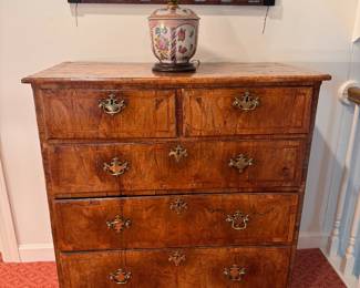 18th c.  George II chest figured walnut veneers and batwing brasses 41"h x 37"w x 19"d 