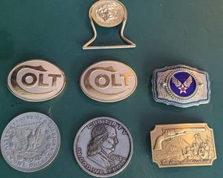 Lot of Belt Buckles including Vintage and Large Coin Medallions
