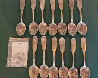 Pewter Spoon Set Featuring Founding Fathers, Revolutionary War Imagery and Church Medallion