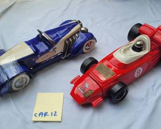 2 Vintage Race Car Decanter Liquor Bottles Mario Andretti, Ezra Brooks