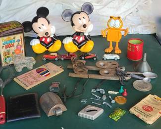 Lot of Old Toys and Figures including Vintage, Mickey Mouse, Cars, Dice