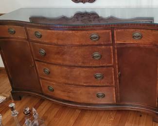 Large Wooden Buffet with Glass Top, Cabinets, Drawers