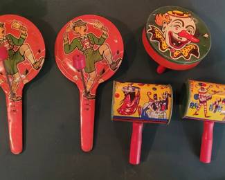 Lot of Various Vintage Circus Clown Noisemakers Tin Toys