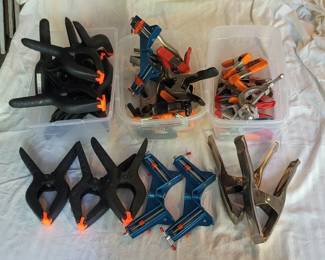 Lot of Metal and Plastic Clamps including Vintage and Angle Corner Clamps