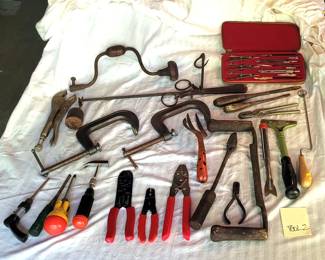 Lot of Vintage and Modern Tools Hand Crank Drill, Vice Grip, Screwdrivers, Compass Set