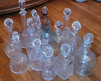Lot of 18 Glass and Crystal Decanter Vessels including Vintage