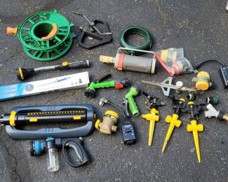 Lot of Hose Attachments, Sprinkler, Irrigation Timers, etc