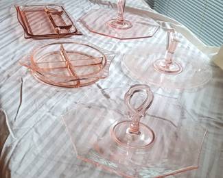 Lot of pink depression glass serving dishes