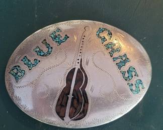 Vintage Metal Belt Buckle Bluegrass Guitar, Wood, Turquoise Cowboy