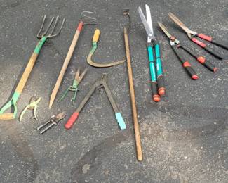Lot of Garden and Yardwork Hand Tools including Vintage Pruners, Clippers
