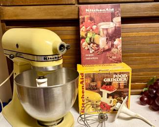 It works!! Vintage Kitchen Aid (Hobart) K-45 Mixer w/three attachments, Food Grinder Attachment & Recipe/Instruction Book