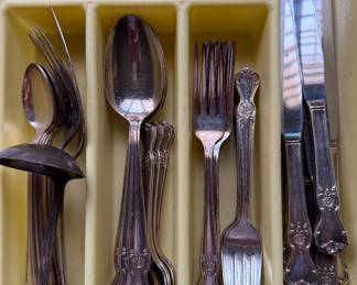 Item #161 Old Company Plate Flatware - 8 six piece place settings/meat fork/cake server/4 cocktail forks/1 serving spoon/Butter Knife/Sugar Spoon/Baby Spoon (56 pieces) $40