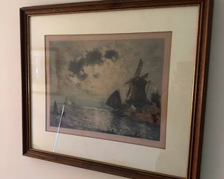 Vintage colored etching of Dutch landscape