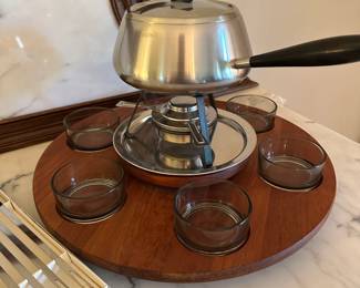 Swedish Fondue Pot on Teak Lazy Susan Stand with Forks