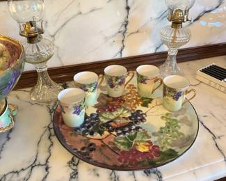Hand Painted Porcelain Cups and Tray