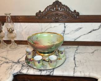 Amazing antique sideboard with marble top and backsplash in excellent condition. Alternate view.