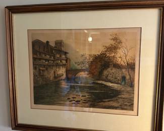 Vintage Artist Signed Colored Etching