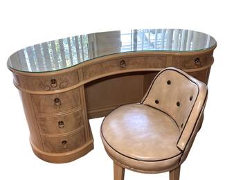 Drexel Heritage Kidney Shaped Burlwood Desk with Chair